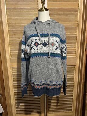 AMERICAN EAGLE Hooded Aztec Print Pullover Sweater Cotton Blend Gray Size M